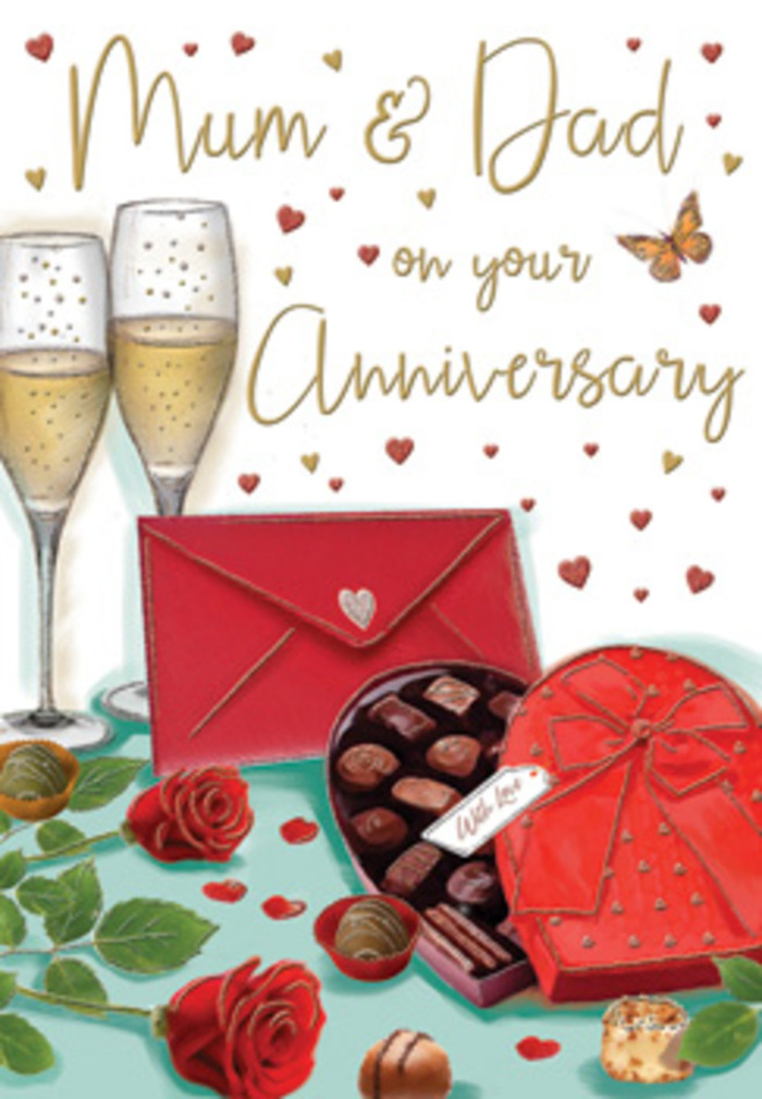 Elegant anniversary card design that creates a rich, story-like vignette for Mum and Dad, imagined in the calm of an evening in Greenwich. The composition centres on two refined champagne flutes standing close together, filled with a light golden champagne whose tiny bubbles drift upward, suggesting a celebratory toast. In front of them are beautifully drawn red roses, fully opened with plush, layered petals and hints of deeper shadow in their folds. Their fresh green leaves fan out naturally, reminiscent of a hand-tied bouquet prepared by an experienced Greenwich florist near the Royal Observatory. Just beside the roses rests a heart-shaped chocolate box, its lid propped open to show neatly arranged truffles of varying shades, each nestled into its own little space. The lid features an eye-catching, satin-like red bow that loops outward in generous folds, mirroring the roses' lush texture and colour. A bright scarlet envelope sits just under the edge of the box, sealed and slightly askew, signalling the presence of a heartfelt, handwritten anniversary message for Mum and Dad. Around this central still-life, small red and gold hearts float gently across the soft background, while fine gold flecks add a subtle sparkle, as if catching reflections from nearby candlelight in a Greenwich riverside restaurant. The palette of crimson, gold, and soft cream makes the whole scene glow with warmth and affection. One can almost sense the faint scent of roses and chocolate mingling in the air and hear the quiet clink of glasses as parents pause to reflect on their years together, surrounded by family and simple, meaningful luxuries.