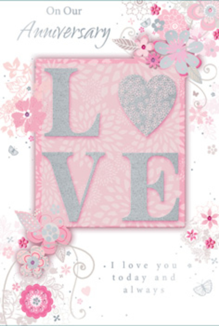 This anniversary card carries the same deliberate artistry you might expect from a skilled florist arranging flowers for a Greenwich townhouse. The eye is first drawn to the central word LOVE, each letter raised from the surface and dressed in soft glitter, with fine silver edges that sparkle subtly when tilted to the light. This textured word sits on a blush pink panel with a gentle, pearly sheen, creating a warm, radiant focal point. Flowing outward from this centre are graceful sprays of stylised flowers, delicate leaves, and curling vines, all rendered in a harmonious palette of blush pinks, pearlescent whites, and cool greys. The blossoms have a hand-drawn quality, with fine outlines and gentle shading that give the impression of depth and overlapping petals, as though they were early sketches for an anniversary bouquet to be delivered near the Royal Observatory or along Trafalgar Road. Tiny touches of silver accent certain petals and flourishes, catching the eye without overwhelming the calm softness of the design. The card's background is a pale pink wash, smooth and uniform, providing a tranquil backdrop to the detailed floral illustrations. Nestled between the blooms are subtle hearts and occasional decorative swirls that reinforce the theme of enduring affection. An elegantly scripted message-speaking of love today, tomorrow, and always-rests beneath the central motif, carefully balanced so the card feels open and airy, not crowded. Altogether, it feels like a paper bouquet, ideal to accompany a same-day anniversary flower delivery across Greenwich and neighbouring areas, evoking both tenderness and quiet celebration.