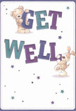 Bright and heartening, this get well card features a loveable bear and an animated, floppy-eared puppy enthusiastically sharing a vibrant message of recovery. The bear, characterized by his plush fur and gentle expression, perches atop the indigo-hued 'GET,' while the playful puppy nestles beside the rich teal 'WELL,' his friendly tail curled in joy. Across the soft cream background, whimsical starbursts in deep purple and aqua drift playfully, much like the star-studded skies over Greenwich on a clear evening. The bold, oversized letters pop with cheerful confidence, and the illustrated textures of the bear and puppy evoke the softness of treasured childhood companions. As a florist in Greenwich, I'm often reminded of how every detail-from a single calming flower to the composition of a card-can lighten the heart. This card, embodying both kindness and hope, beautifully complements any bouquet sent in support from the heart of our riverside community.