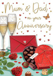 Luxuriously detailed anniversary card artwork that captures the warmth of a family celebration for Mum and Dad, with a subtle Greenwich charm. At the centre, two tall, slender champagne flutes stand side by side, filled to a generous level with sparkling golden champagne, the bubbles depicted as delicate chains rising toward the rim. In the foreground, richly coloured red roses are shown in full bloom, petals soft and velvety, arranged against a backdrop of deep green leaves that convey the freshness of flowers delivered the same day from Flower Delivery Greenwich. To the right, a heart-shaped chocolate box takes pride of place, its open lid revealing tidy rows of round and square truffles. A dramatic red bow crowns the lid, its satin sheen catching the warm light and echoing the roses' vibrant colour. A striking scarlet envelope rests partly beneath the box, neatly sealed, its positioning hinting at a personal, handwritten note of love to Mum and Dad tucked inside. Scattered chocolates and tiny heart motifs in red and gold wander across the table and background, adding a playful, festive rhythm to the composition. Soft, golden illumination bathes the entire scene, so the glassware shimmers and the petals seem almost scented, like a bouquet enjoyed after a walk through Greenwich Park. The card's design weaves together scent, taste, and atmosphere-the imagined aroma of roses and chocolate, the sparkle of champagne, and the hush of an intimate toast-into a single, heartfelt image honouring the depth and sweetness of a long-lasting marriage in Greenwich.
